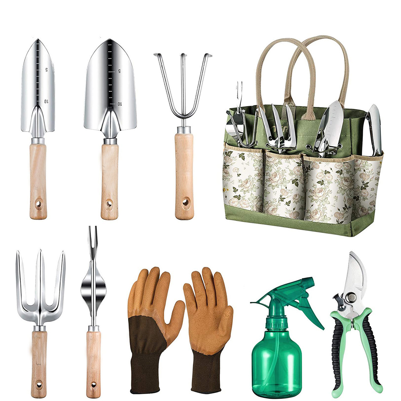 Gardening Tools Hand - ชุดเครื่องมือทำสวน 9 ชิ้น พร้อมชุดเครื่องมือช่างสแตนเลสแบบหนาพิเศษ กระเป๋าเก็บของทนทาน ถุงมือยางกันลื่นสำหรับผู้หญิง