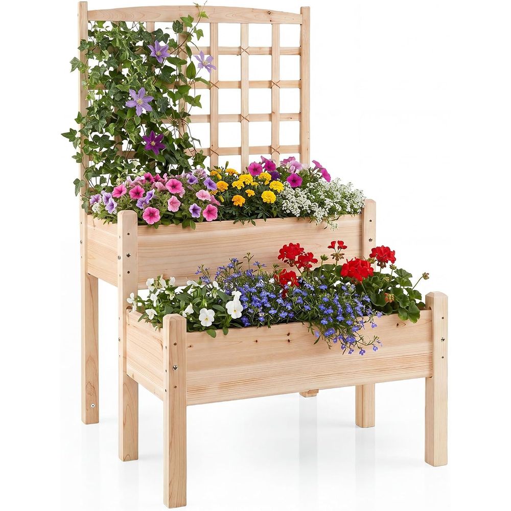 Raised Bed Planter Box - แปลงปลูกผักยกพื้น 2 ชั้น พร้อมโครงไม้สำหรับปลูกพืช ลดระดับความสูง ปลูกผัก