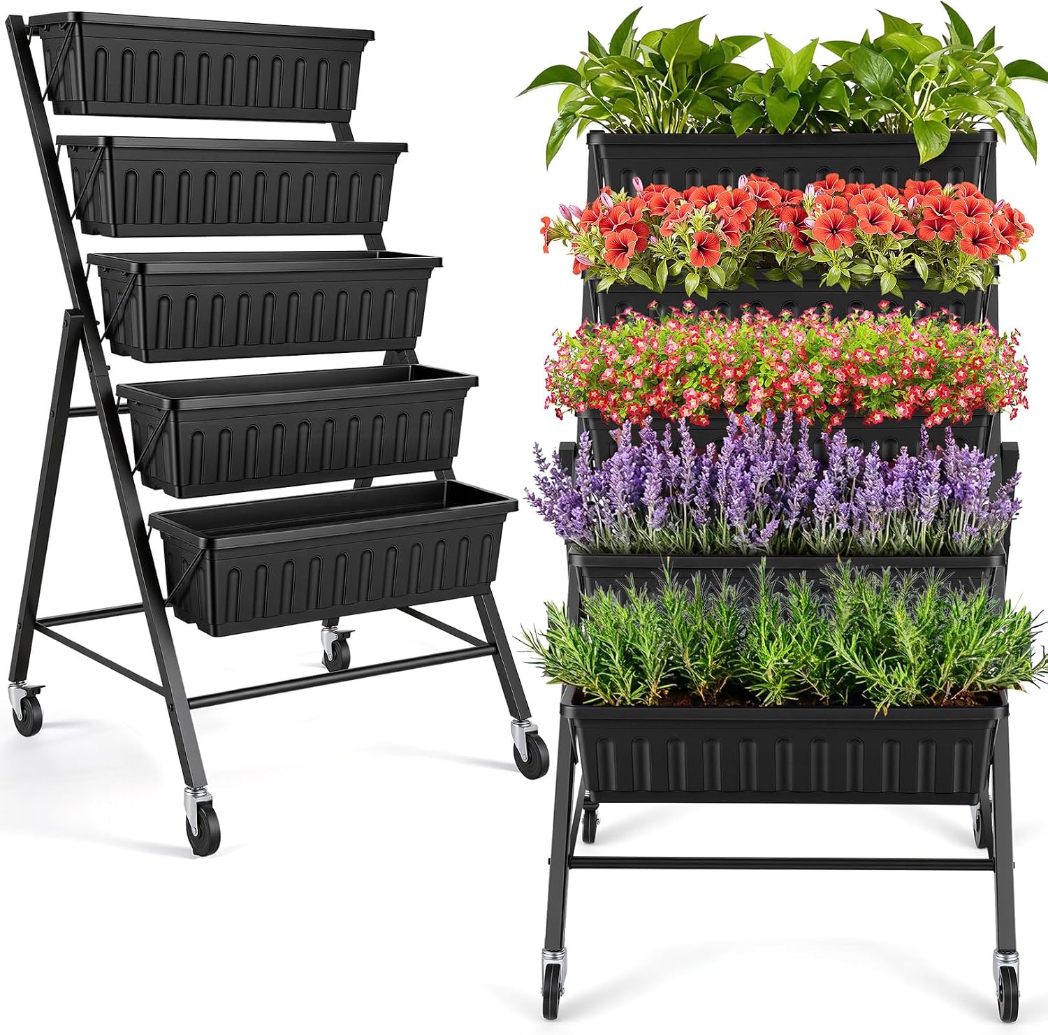 Raised Bed Planter Box - แปลงปลูกผักยกสูงแบบตั้งแนวตั้งพร้อมล้อเลื่อน, ชุดกล่องปลูกผักยกสูง 5 ชั้น, ชั้นวางปลูกผักแบบเคลื่อนที่พร้อมระบบระบายน้ำสำหรับปลูกสมุนไพร ผัก