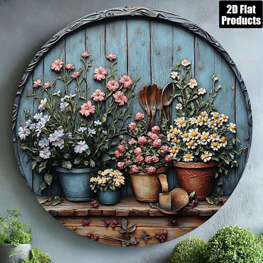 Gardening Tools Vintage - งานศิลปะติดผนังอะลูมิเนียมทรงกลมสไตล์วินเทจ, แผ่นโลหะขนาด 8x8 นิ้วสไตล์เรโทรสำหรับตกแต่งสวน, ลายดอกไม้และเครื่องมือแบบเรียบง่ายสำหรับตกแต่งห้องครัวและร้านกาแฟ